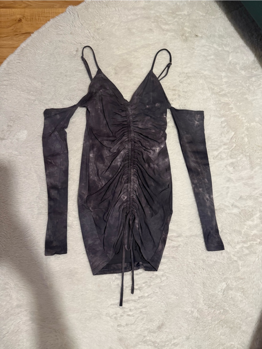 Ruched Tie-Dye Mini Dress with Detachable Sleeves - Black